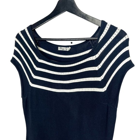 Eliza J Navy Blue White Stripe Short Sleeve Knit Below Knee Dress Small - Picture 2 of 10